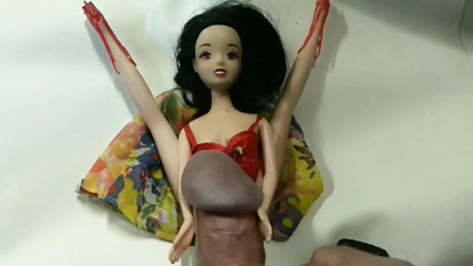 I cum between the legs of my doll, who didn't have time to undress.