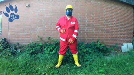 Worker Pup pawing off in red and yellow workgear