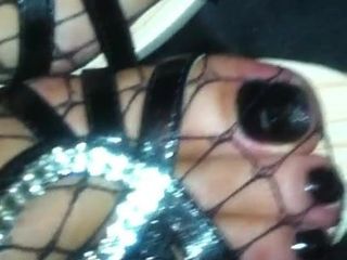 Black Toenails in sexy Heels and black Fishnet Stockings