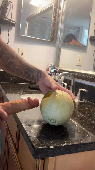 I fuck a melon with my big erect penis until I see myself