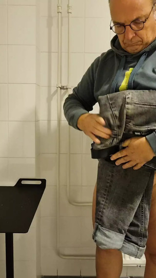 Caged and pee completely naked at work