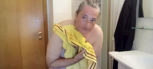 Drying naked in front of the mirror and bending down - POV Style