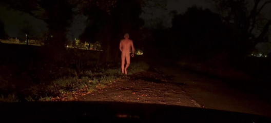 Almost caught naked barefoot wanking in public , hide behind a tree and a bin