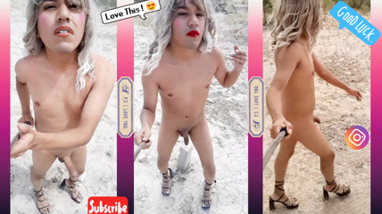 Trans slut walks all naked with delicious penis and heels in very hot public