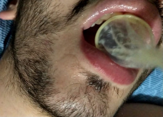 sub drinks cum from condom after being fucked by big cock