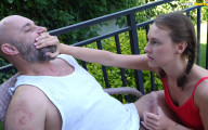 Shh... My Daddy Might Come Back! Slutty Daughter Fucks His Friend in the Backyard!