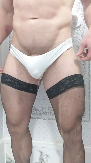 Pissing white silky panties in stockings
