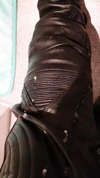 Jizz off on leather biker pants