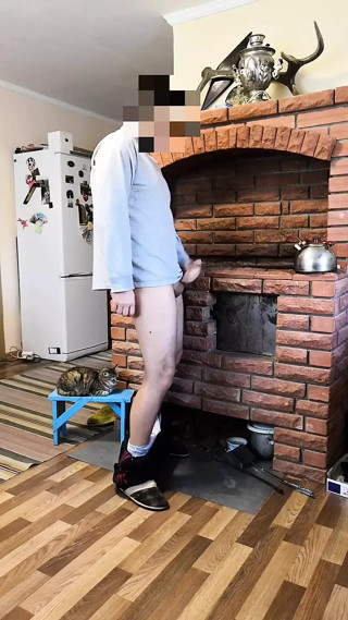 Jerking off my dick in the wood near the stove