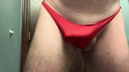 Jerking in red thong to sexy pics