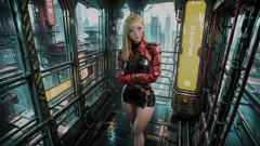 Red Leather Jacket Glistening Under Neon Rain, Kneeling Pose That Breaks the Armor