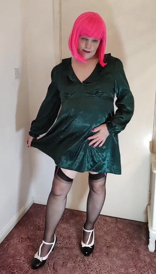 Hot TV Crossdresser Parading in Sexy Satin and Stockings thumbnail