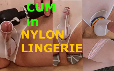 Gay Crossdresser Cumming Whith Vibrator in Nylon Lingerie with Filled Ass