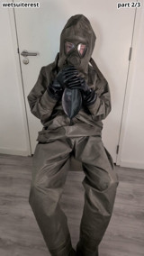 Breathplay masturbation Zodiac Zodiak heavy rubber hazmat suit with gasmask rebreathing bag, gloves, boots
