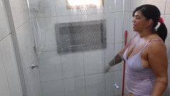 Bathroom Slut: My Sweaty Wife Shows off and Flashes Her Big Pussy While Cleaning!
