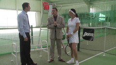 Redhead slut double penetrated on the tennis court