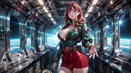 Inside the Sci-fi Train, She Wears a Tight Green Armor, Touching Her Red Lips While Gazing at the Galaxy Through the Porthole.