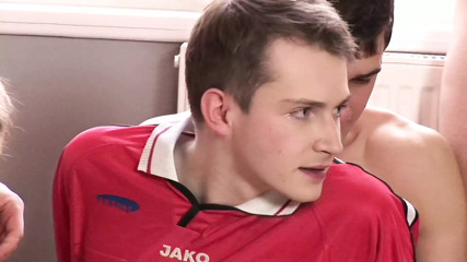 Young soccer players make a small sex orgy and blow their horny hard cocks with pleasure