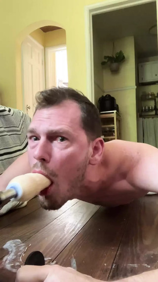 Gagging and crying deep throat fuck machine dildo faggot