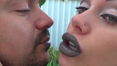 Covering Alex with khaki shiny lipstick kisses all over his face outdoor! + Little tongue play!