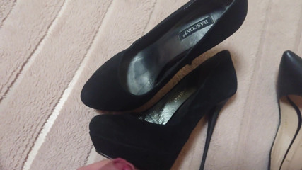 Fuck and cum on co-workers suede high-heels