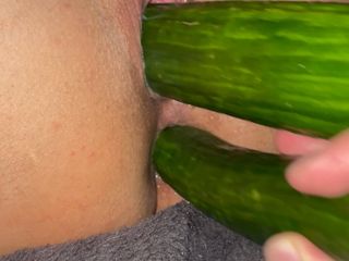 Big veggies in pussy, double anal fucked and oiled fisted