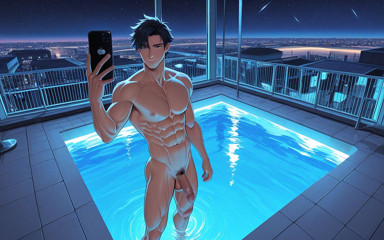 Shredded Gym Guy Nude Erect Dick Mirror Selfie in Infinity Pool