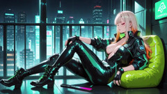 Neon Rain Night! Blonde Agent in Wet Leather Crouching Low, Holographic Glow & Cold Glances.