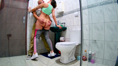 Mistress getting intimate in the bathroom after a workout.