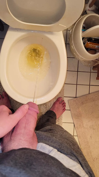 Twink emptying very full bladder in toilet