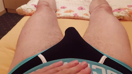 Jerking off, having a new piercing in my scrotum and cum on a used string