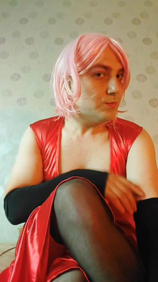 Red Dressed Sexy Cute Young Femboy With Pretty Boobs