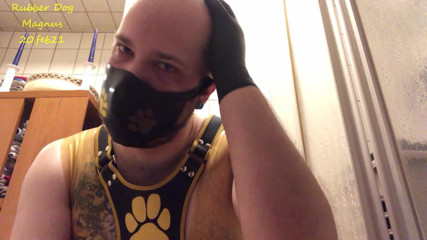 Rubber Diaper Slave gagging himself 2v3