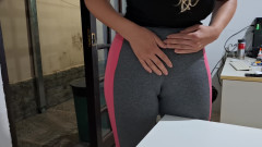 Masturbating her camel toe on the table with the neighbor's help.