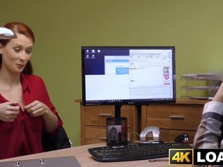 Redhaired babe shows off big tits before office hammering