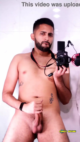 Horny Young Latino Stroking His Big Uncut Dick In The Mirror Until He Cums