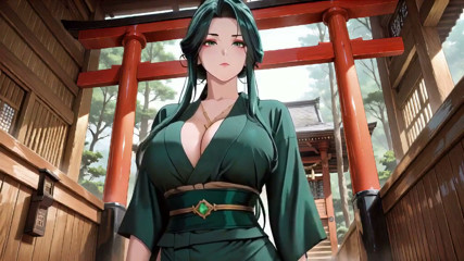 Green-haired Kimono Goddess! Private Tatami Close-up, Lazy Kneeling &amp; Chest Rubs.