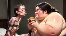 Skinny Girl Getting Fed by Huge Fat Woman - Contrast Feeding Fetish