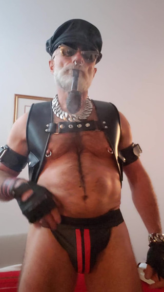 Cigar Stepdad Enjoyin Pipe with a New Pair of Nipple Clamps From Meo.de, Waiting for a Boy to Come and Play with Them