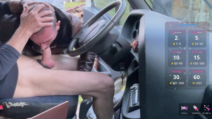 On a rest area, two guys take turns sucking my big dick in the truck