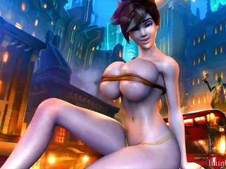 Tracer&#039;s Huge Tits Nearly Break the Band Wrapped Around Them As She Flexes