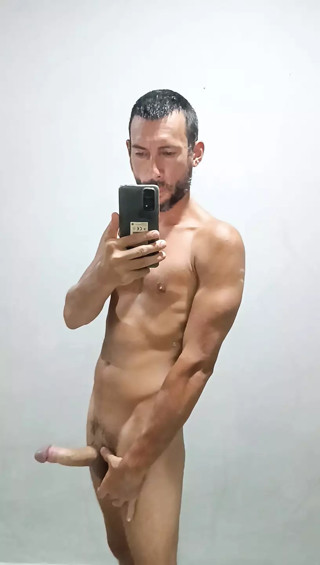 Horny masturbation in front of the mirror with thick cuming