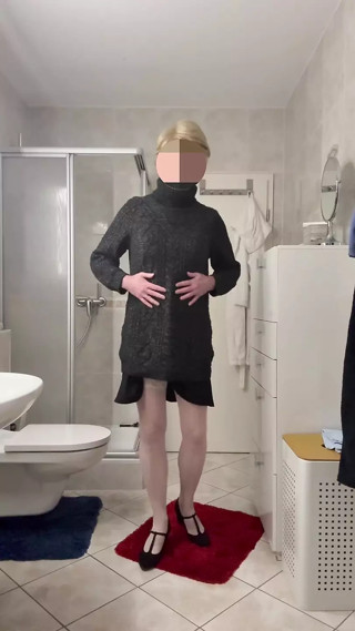 Masturbation in black skirt and warm knitted sweater