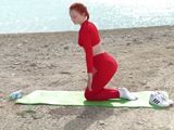 Doing Yoga Stretching Nerby Beautiful Lake