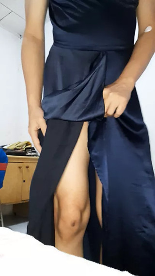 Masturbation wearing sexy blue long satin prom dress thumbnail