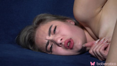 Solo blonde girl Monro plays with two dildos on the couch,in 4K.