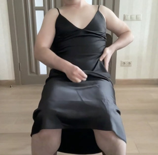 Black satin maxi long fetish black dress on crossdresser sissy cuckold bdsm gay jerking in a silk outfit thumbnail