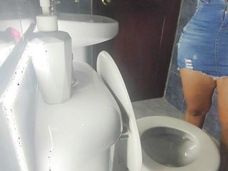 Stepsister Trapped in Public Toilet with Skirt and Sheer