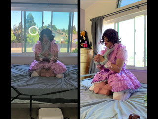 Pink Satin Sissy Maid Rides Her Sex Doll Toy While Locked thumbnail