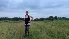 Having fun outside in my stockings, heels and garter belts, masturbating and cumming